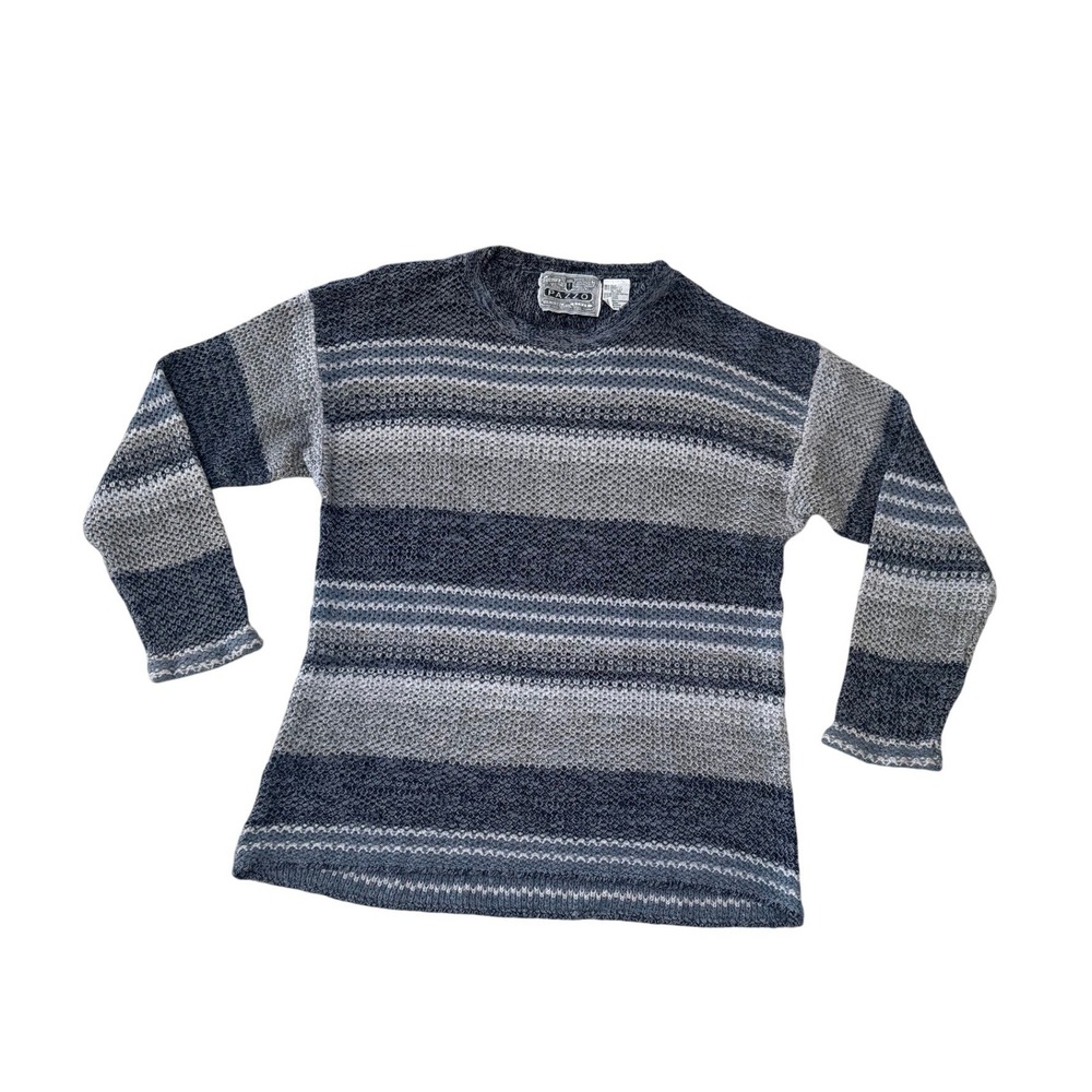 Pazzo Vintage Silk Blend Striped Sweater Mens XL Grey Blue Open Knit Pullover